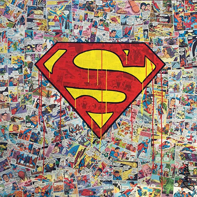 BD-039-1-PELE MELE Superman Technique mixte et acrylique sur bois 100 x 100 cm